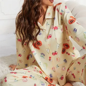 2024 Kadın Yeni Rahat Sarı Pijama Takımı Uzun Kollu Düğme Gömlek Cep Çiçek Meyve Baskılı Gevşek Geniş Bacak Pantolon Pijama S-XXL