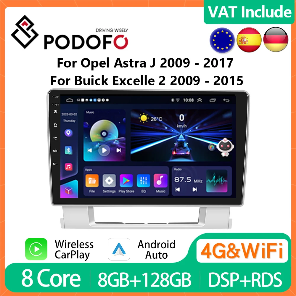 Podofo 9-calowe radio samochodowe bezprzewodowe CarPlay Android Radio dla Buick Excelle 2/OPEL Astra J 2009 - 2017 Multimedia GPS 4G WIFI autoradio