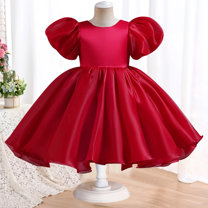 Girls\' Colorful Bubble Sleeve Princess Dress 2024 New Bow Blouse Dress Sweet Banquet Host Show Dress