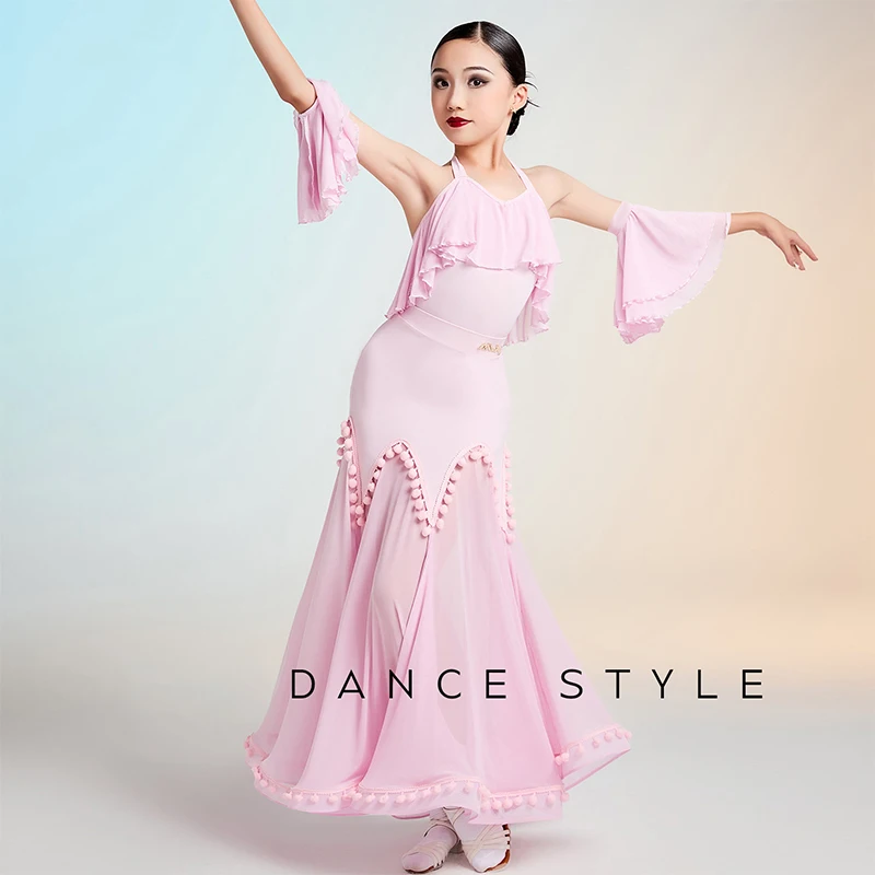 소녀를위한 핑크 표준 댄스 복장 경쟁 공연 착용 현대 볼룸 댄스 복장 홀터넥 바디 슈트 스커트 세트 AMY3158