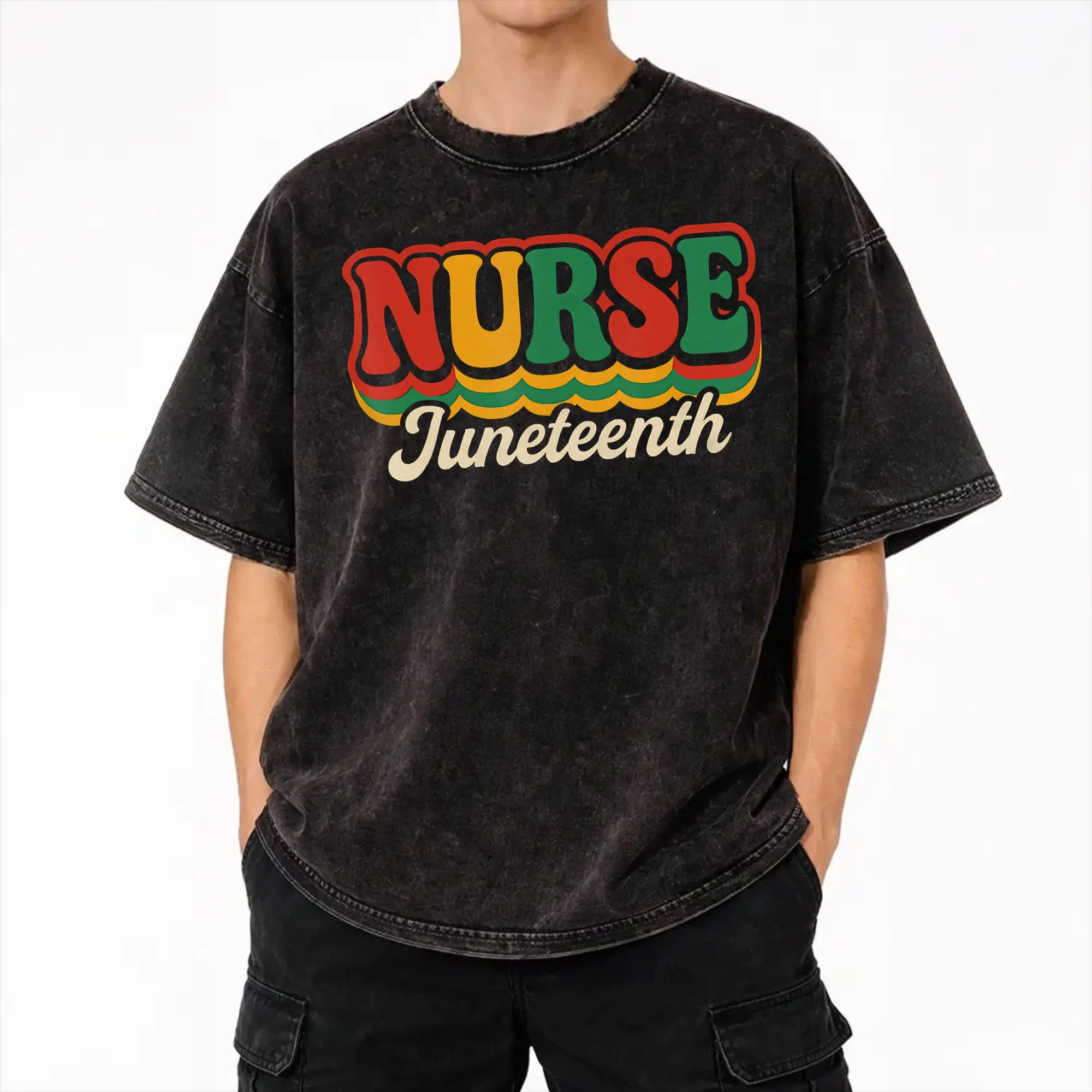 Juneteenth Nurse Melanin Pride Black History Nursing Design T Shirt Hip Hop Washed Short Sleeve T-Shirt for Men Women Streetwear