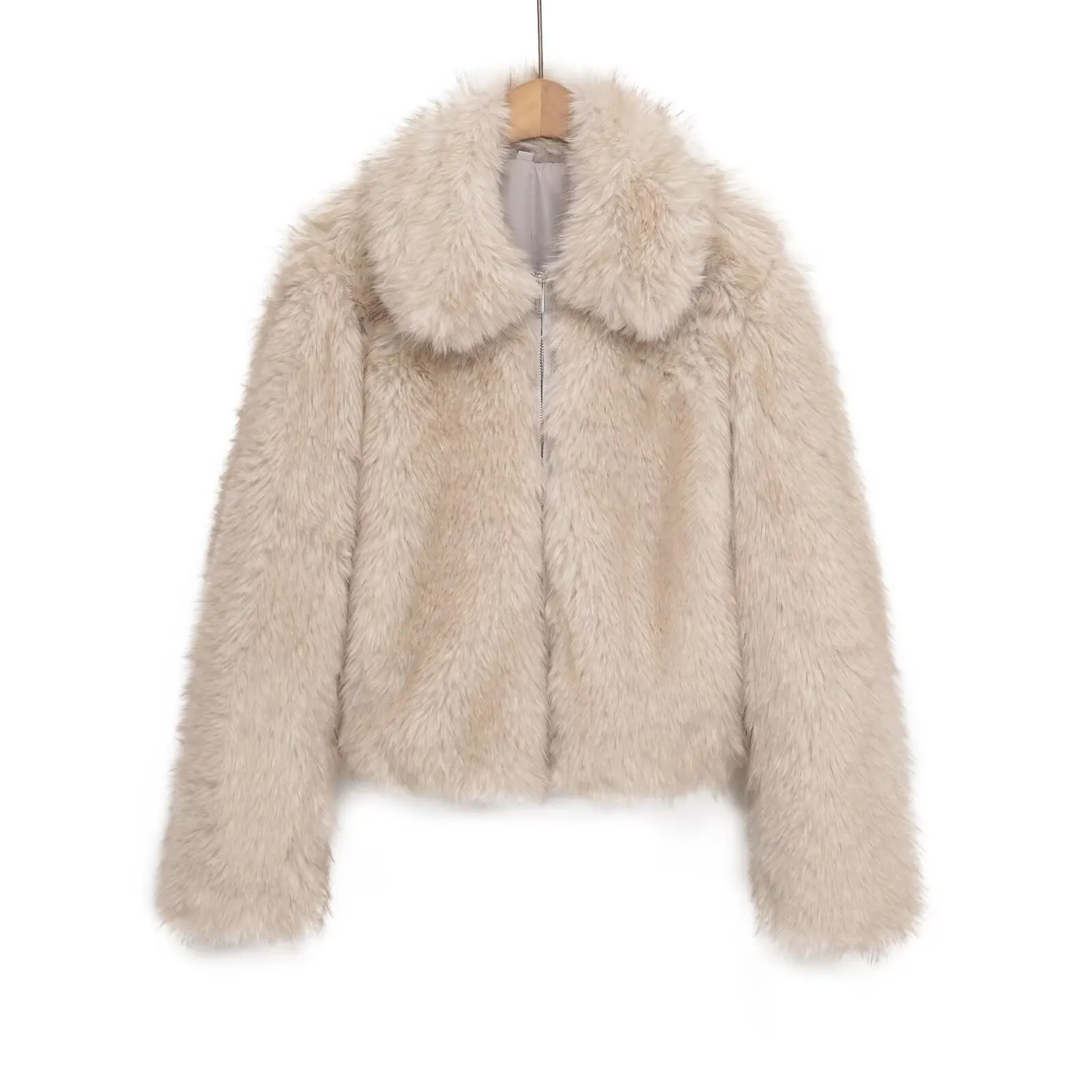

Minimalist Women Winter Eco Fur Outwear Khaki Lapel Collar Zipper Female Faux Fur Coat Instagram-Style Mink Fur Jacket For Lady