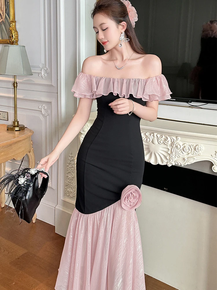 여성 의류 달콤한 프릴 섹시한 오프 숄더 슬림 Fishtail 롱 드레스 우아한 저녁 파티 댄스 파티 드레스 가운 캐주얼 여름 새로운