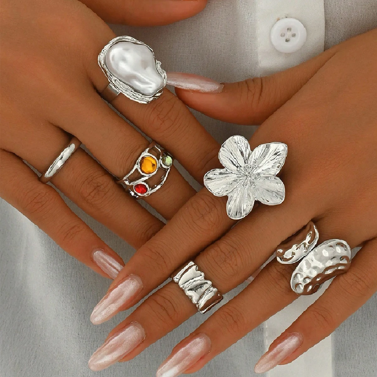 مجموعة مكونة من 6 قطع من خواتم اللؤلؤ والأحجار الكريمة الملونة المخصصة على الموضة اللامعة، مجوهرات يومية للنساء #2