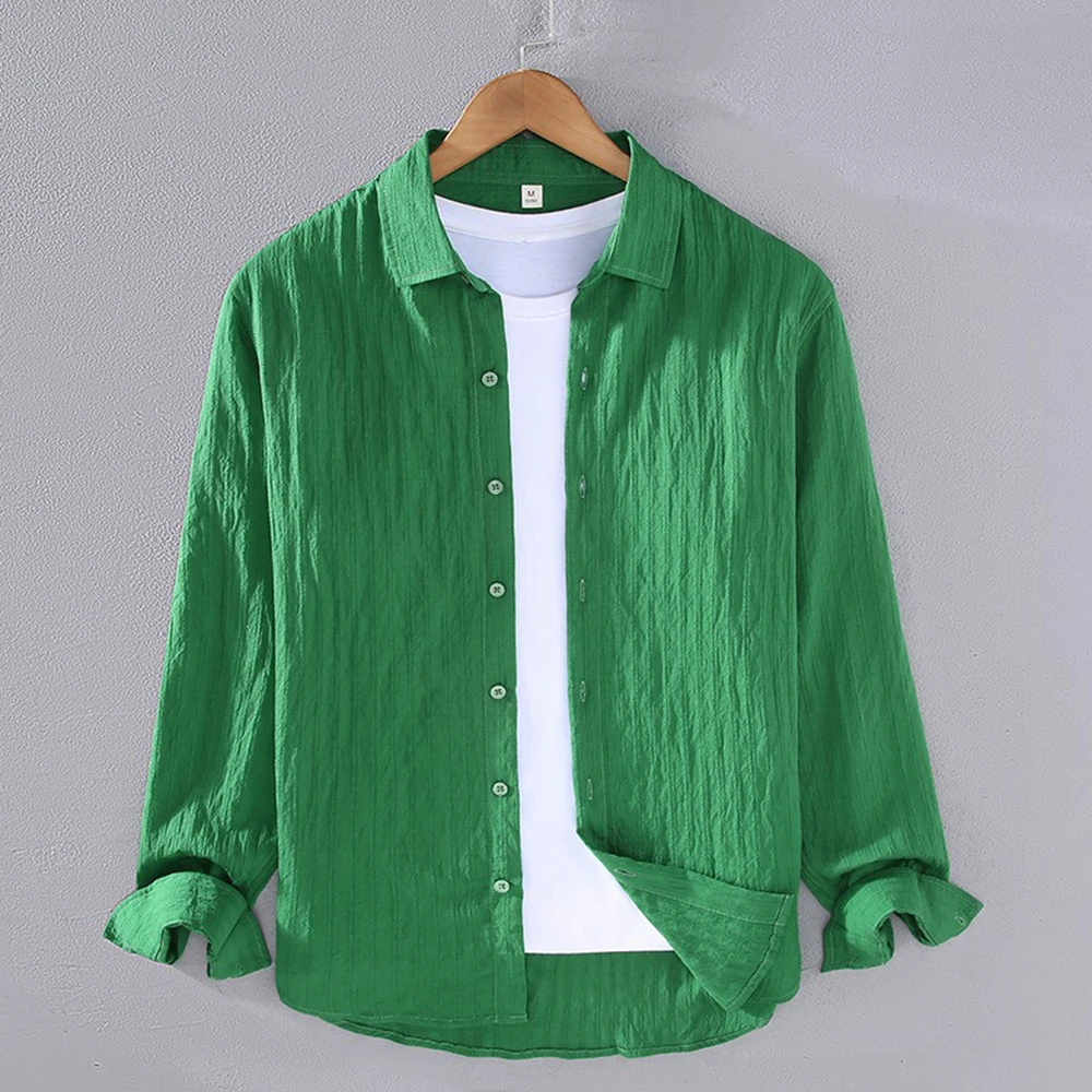 

Breathable Long Sleeved Men's Shirts lapel Collar Single Breasted Solid Color Bussiness Casual Versatile Tops for Early Autumn