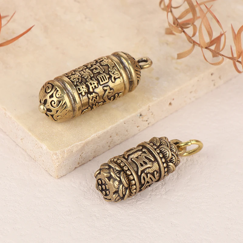 1Pc Hollow Brass Buddha  Sutra Cylinder Pendant Keychain Handmade Vintage Pill Box Container Bottle