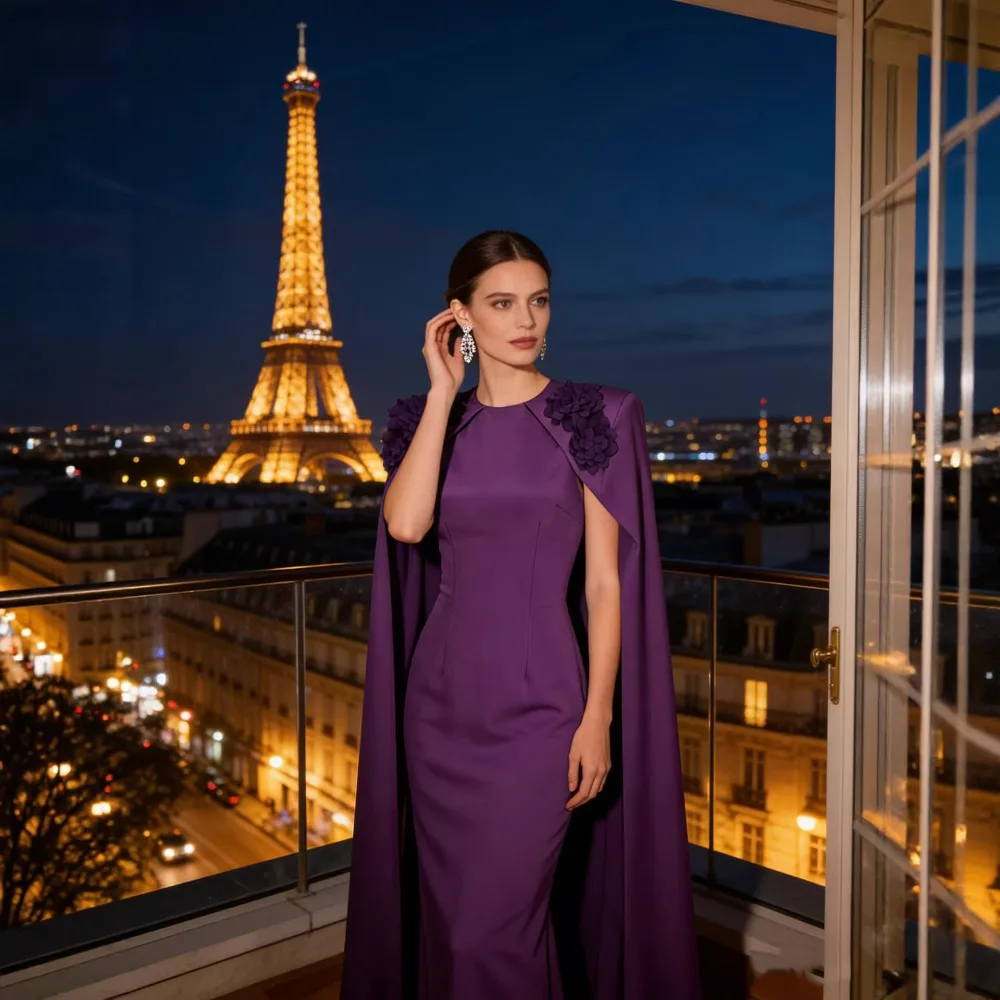 

Elegant Purple Short Sleeves Dress Applique Shawl Collar Floor Length Long Dresses High-end Dinner Formal Party Prom Gowns