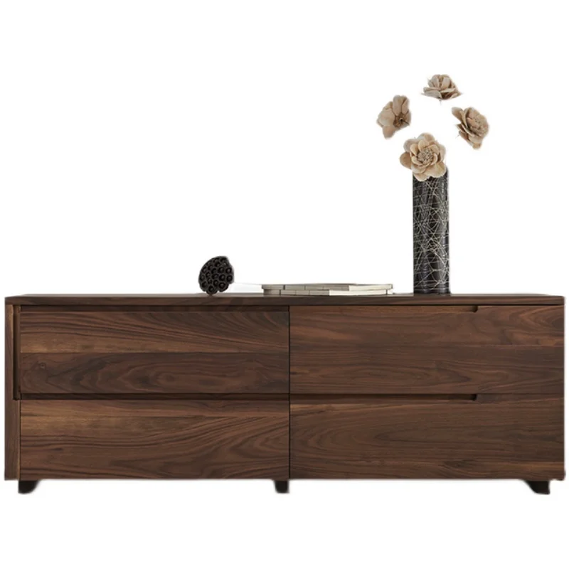 Light luxury black walnut TV cabinet High pure solid wood bucket cabinet