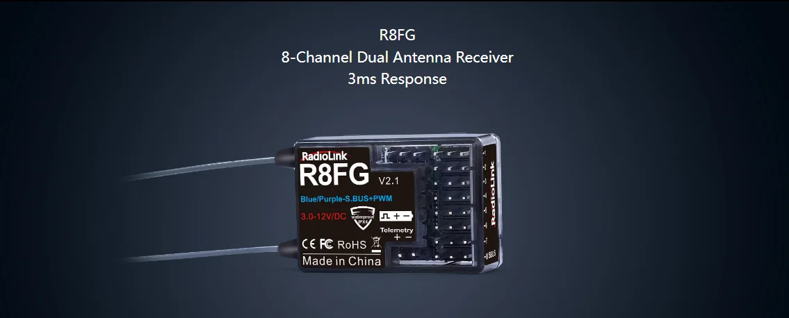 Radiolink R8FG 8CH 2.4G Gyro RC Receiver Voltage Return 3.0-12V DC for Long Range Boat Car RC8X RC6GS RC4GS T8S T8FB Transmitter view 2