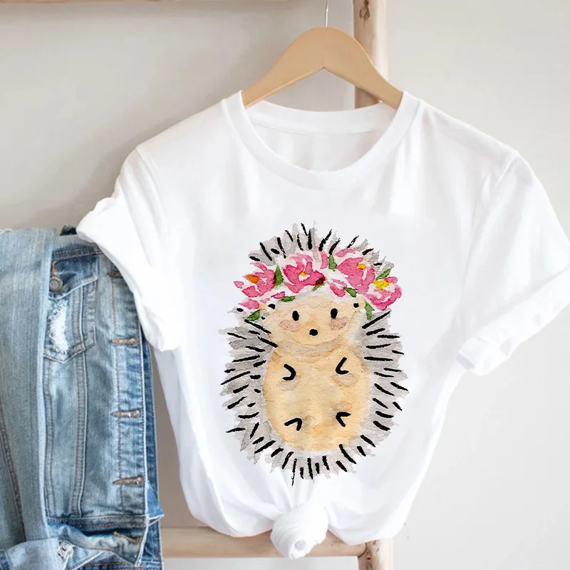 

T shirts Women Cartoon Hedgehog Flower Fashion 90s Summer Tshirt Tops Lady Graphic Print Clothes Tee T-Shirt Camisetas Mujer