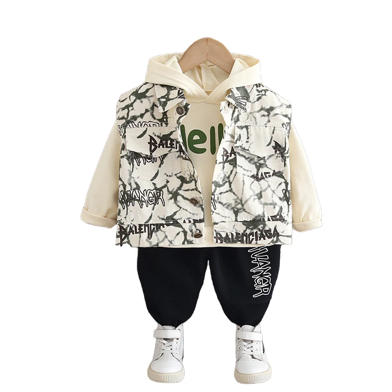 

Boutique Kids Sets 2024 New Fall Baby Boy Clothes Free Shiping Letter Turn-down Collar Vest + Hooded Hoodies + Pants Boys Outfit