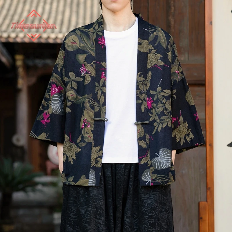 

Летняя этническая блузка-кардиган из хлопка и льна в стиле юката, унисекс, модная азиатская одежда в стиле Харадзюку, японский косплей-кимоно