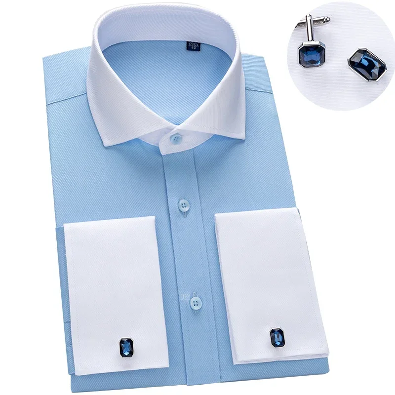 2024 Niche Chic Double Folded Sleeve Windsor Collar  Business Long-sleeved Shirt Men's High-grade  Dress random French Cufflinks