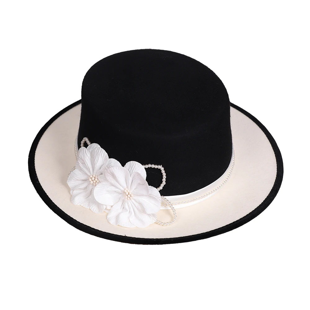 FS Elegant Black White Fascinator Hats For Women Luxury Tea Party Top Hat Summer Wide Brim Wool Cap With Flower Chapeau Femme