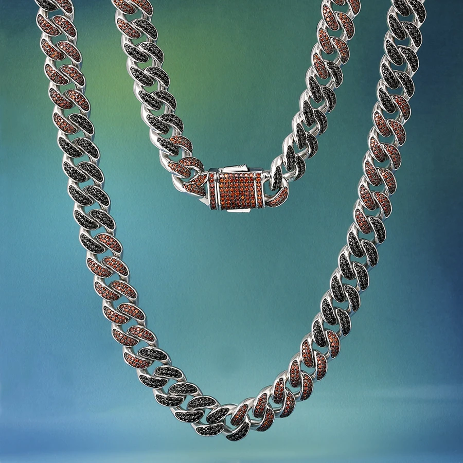 KRKC Wholesale 12mm 18inch Black&Red Color 5A CZ 2 Row Diamond Iced Out Hiphop Cuban Link Chain Necklace for Men