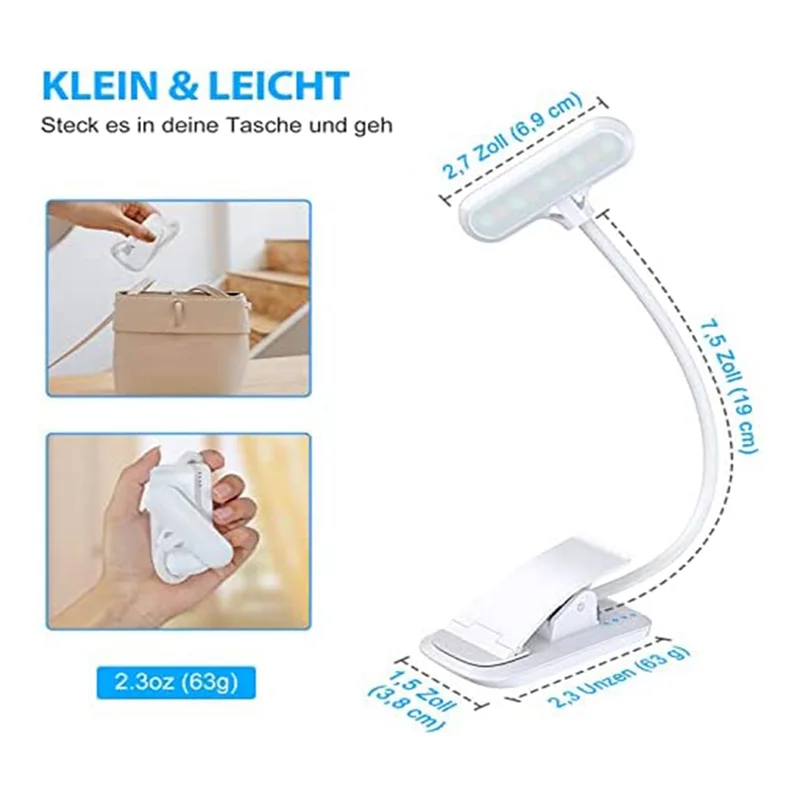 Reading Lamp Book Clamp, 9 LED Clamp Lamp with 3 Colour Temperature and Dimmable Touch Switch, USB Rechargeable