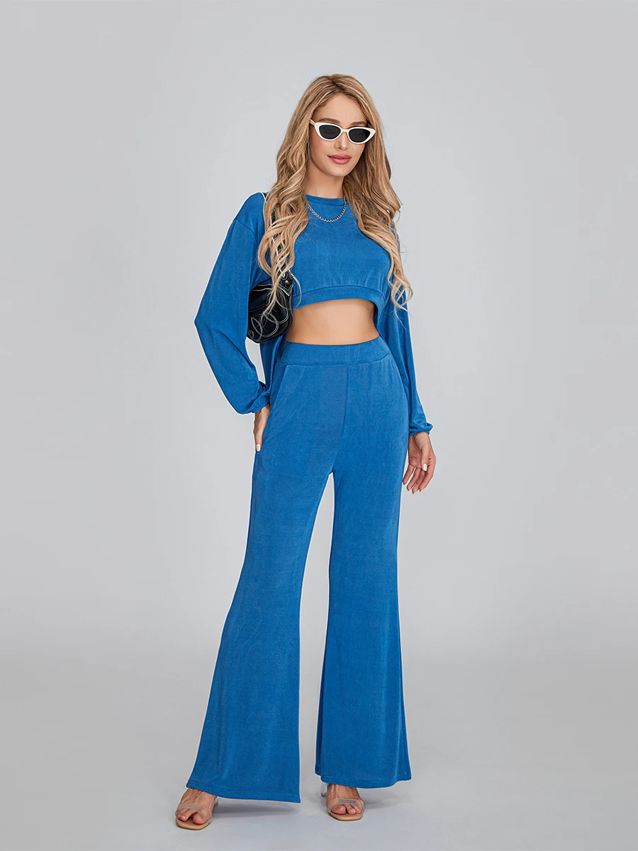 

wsevypo Women Fall 2Pieces Pants Suits Solid Long Sleeve Crew Neck Cropped T-Shirts High Waist Flared Pants Office Daily Sets