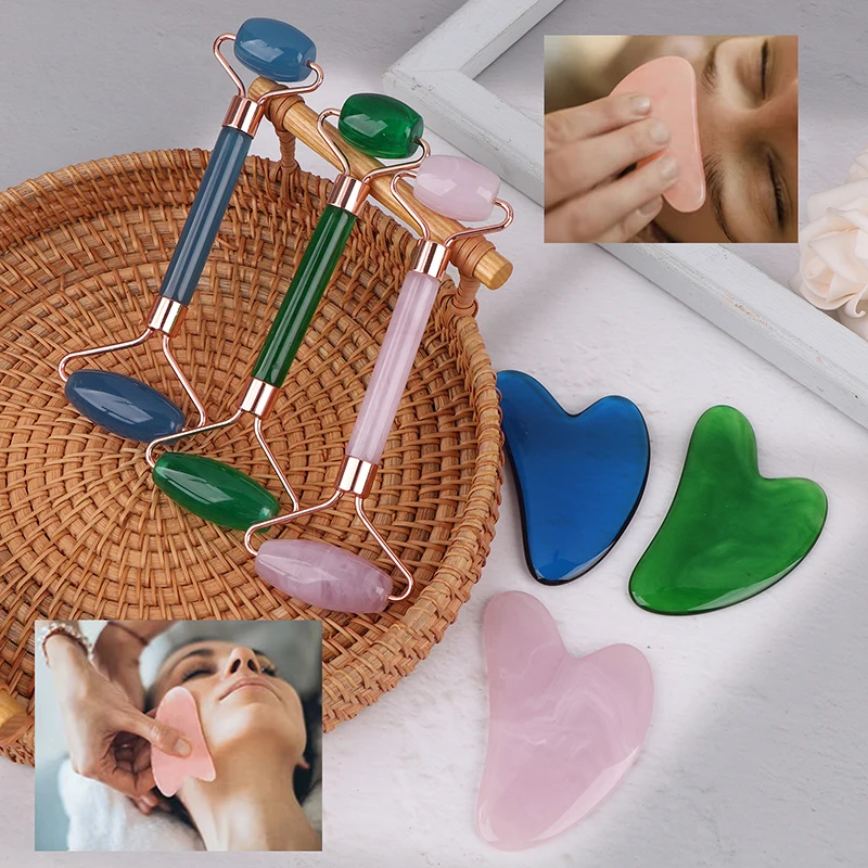 2Pcs Face And Neck Massager Resin Roller Beauty Scraping Double-ended Massage Stick To Unblock And Relax Non-rose Crystal Jade