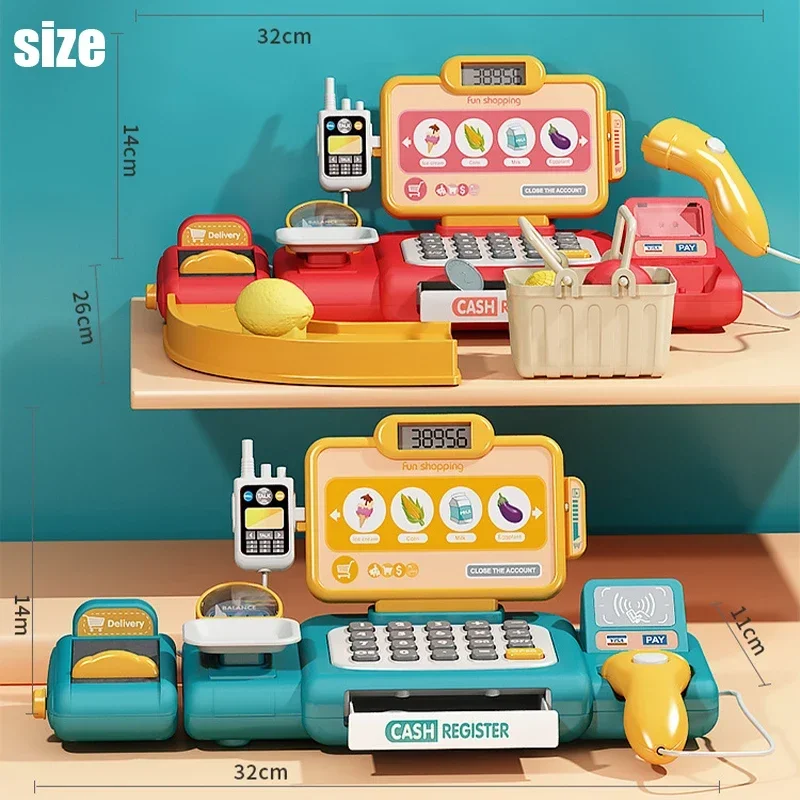 36-63pcs Pretend Play Calculator Cash Register Toy Supermarket Shop Cashier Registers with Scanner Shopping Toys Gifts for Kids