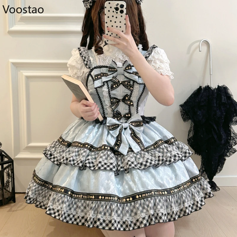 Abito gotico giapponese Lolita Jsk donna dolce Y2k fiocco Plaid Ruffles Patchwork abito senza maniche ragazze Kawaii Tea Party Mini abito