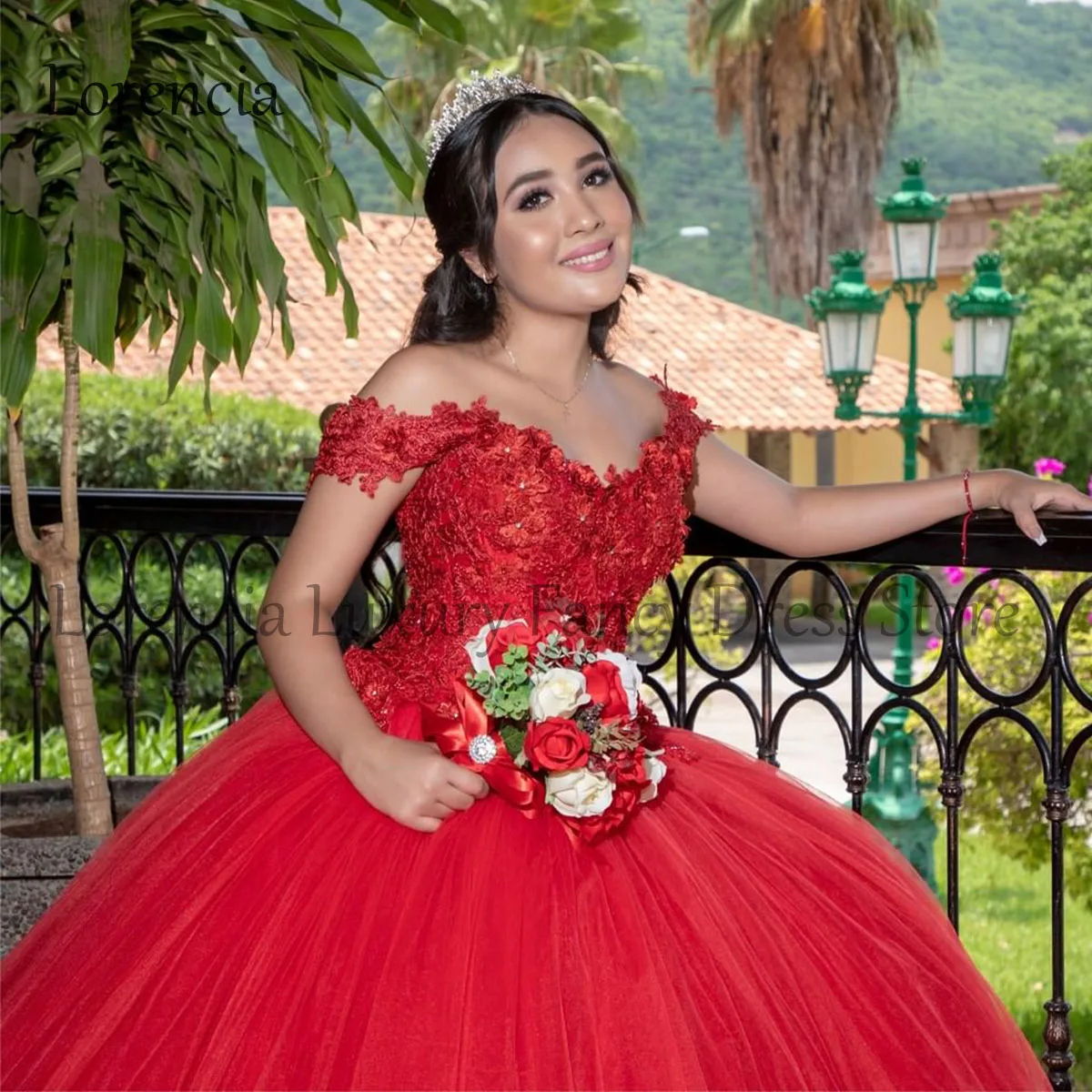 Мексиканское красное платье Quinceanera, официальное бальное платье с открытыми плечами и бусинами, милое 1516 2024, аппликация 3D цветочные платья XV лет