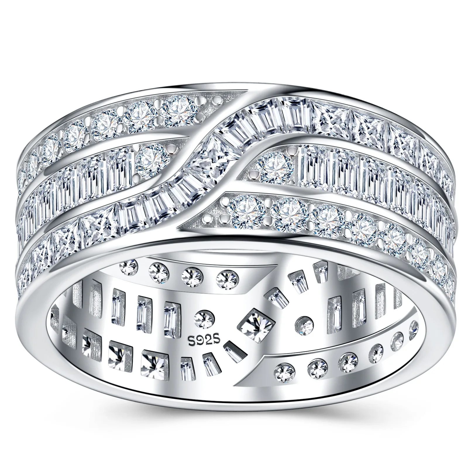 

S925 Sterling Silver 4.51CTMoissanite Multi-Row Rectangular Stackable Ladies' Ring - A Stylish, Trendy, Hip-Hop & Light Luxu