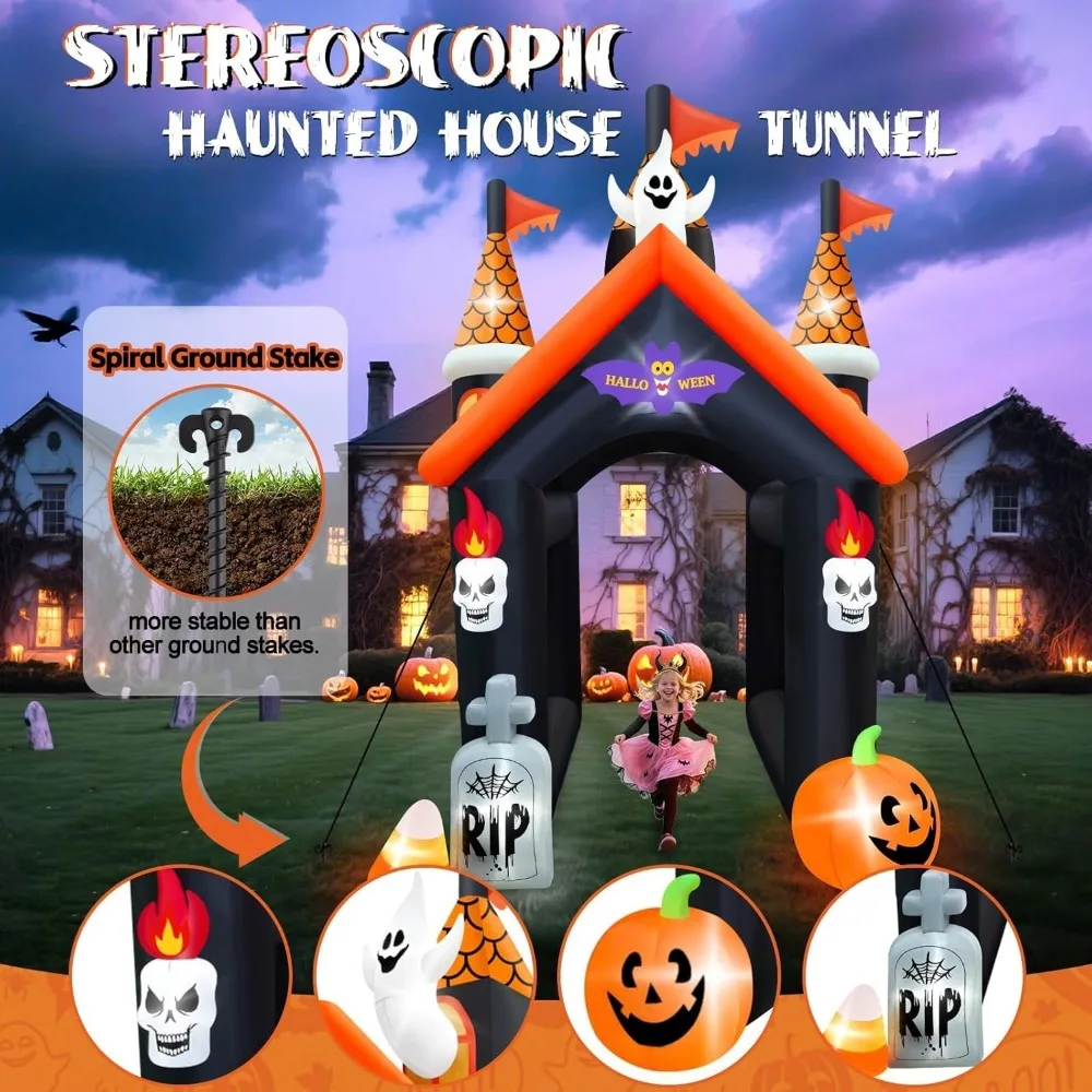 Gran arco inflable de Halloween con luces LED - Túnel de calabaza fantasma de casa embrujada