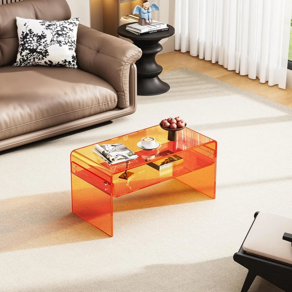Meja Kopi Persegi Panjang Akrilik Transparan dengan Rak Penyimpanan Terbuka untuk Ruang Tamu dalam Warna Oranye