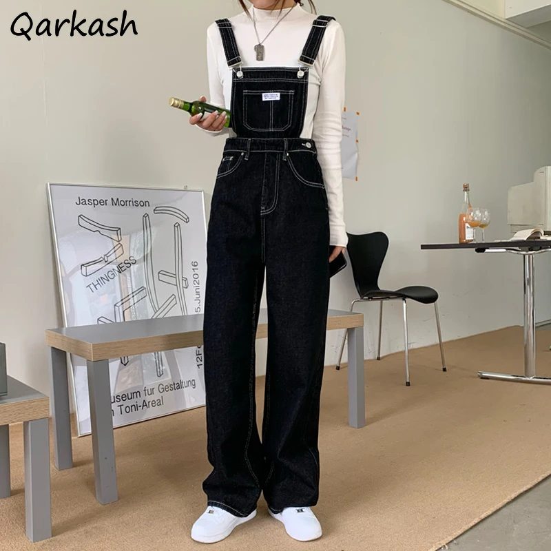 Vrouwen Zwarte Jumpsuits S-5XL Wijde Pijpen Casual Adrette Mujer Overalls Denim Vintage Harajuku Student Hoge Taille Retro Hot Koop