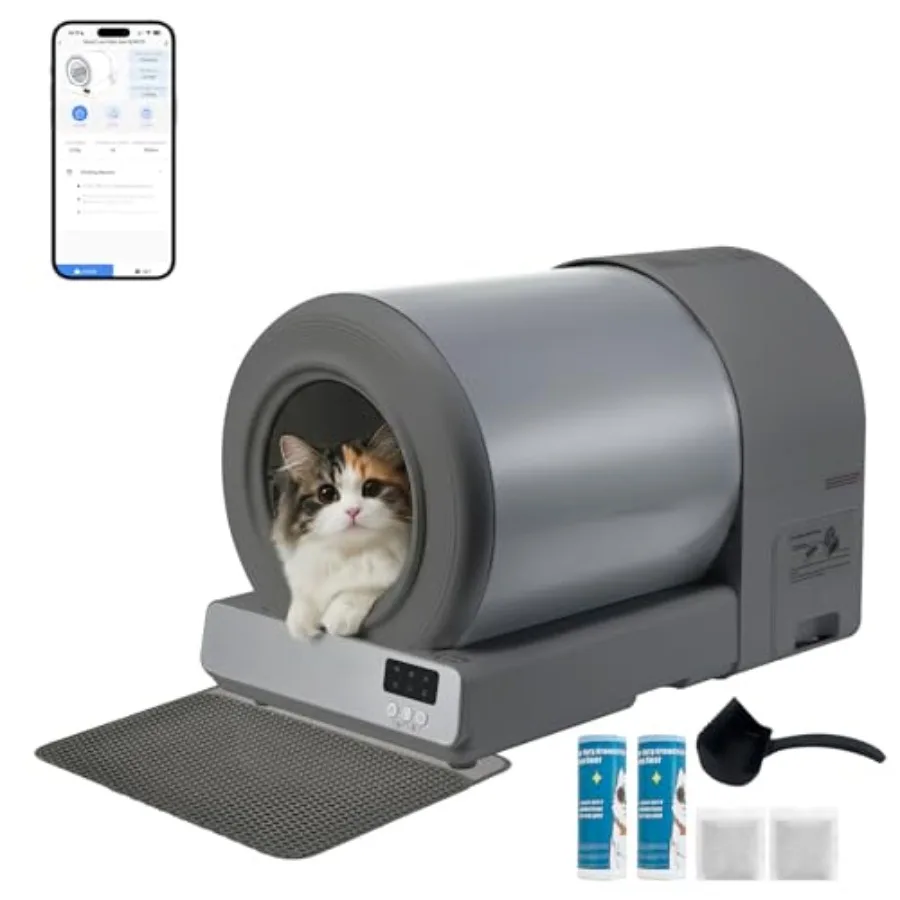 

Автоматический самоочищающийся лоток для кошек из нержавеющей стали с управлением через приложение, датчиками безопасности, контролем запаха и низким входом
