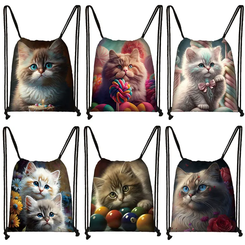 Cute Kitten Print Backpack Women Siamese Cat Drawstring Bags Casual Teenagers Shoulder Bag for Travel Bookbags Shoes Holder