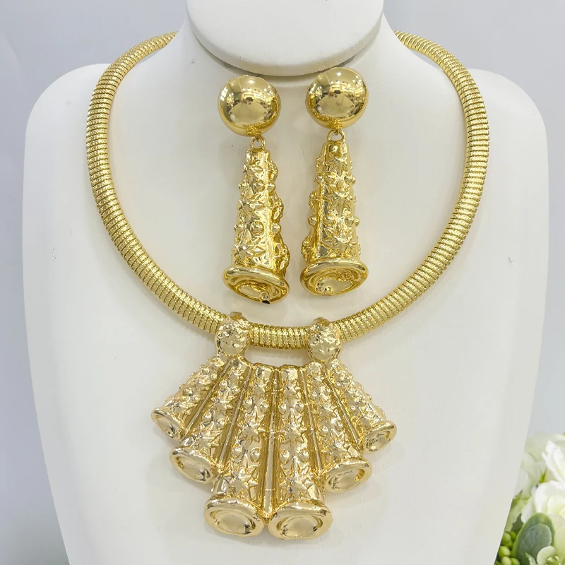 Italy Unique 18K Gold Color Jewelry Set African Wedding Necklace Earring Bracelet Ring Dubai Wedding Party Jewelry Accessories