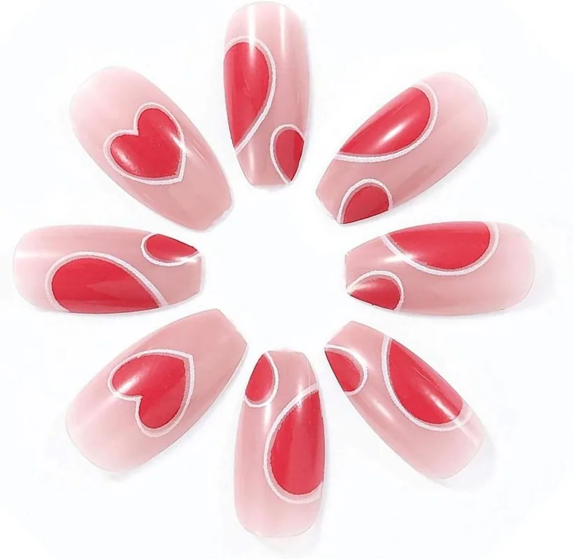 24 PCS Love Heart Press on Nails Rose Red Full Cover Long Coffin Fake Nails Sweet Style Design Nails for Women and Girls