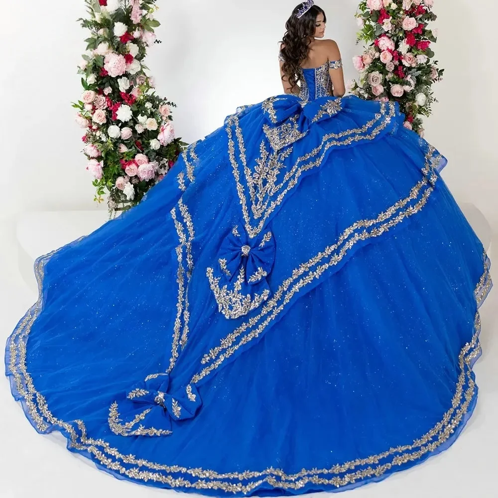 Koningsblauw Charro Quinceanera Jurken Baljurk Schoudervrij Applicaties Mexicaanse Sweet 16-jurken 15 Anos Op maat