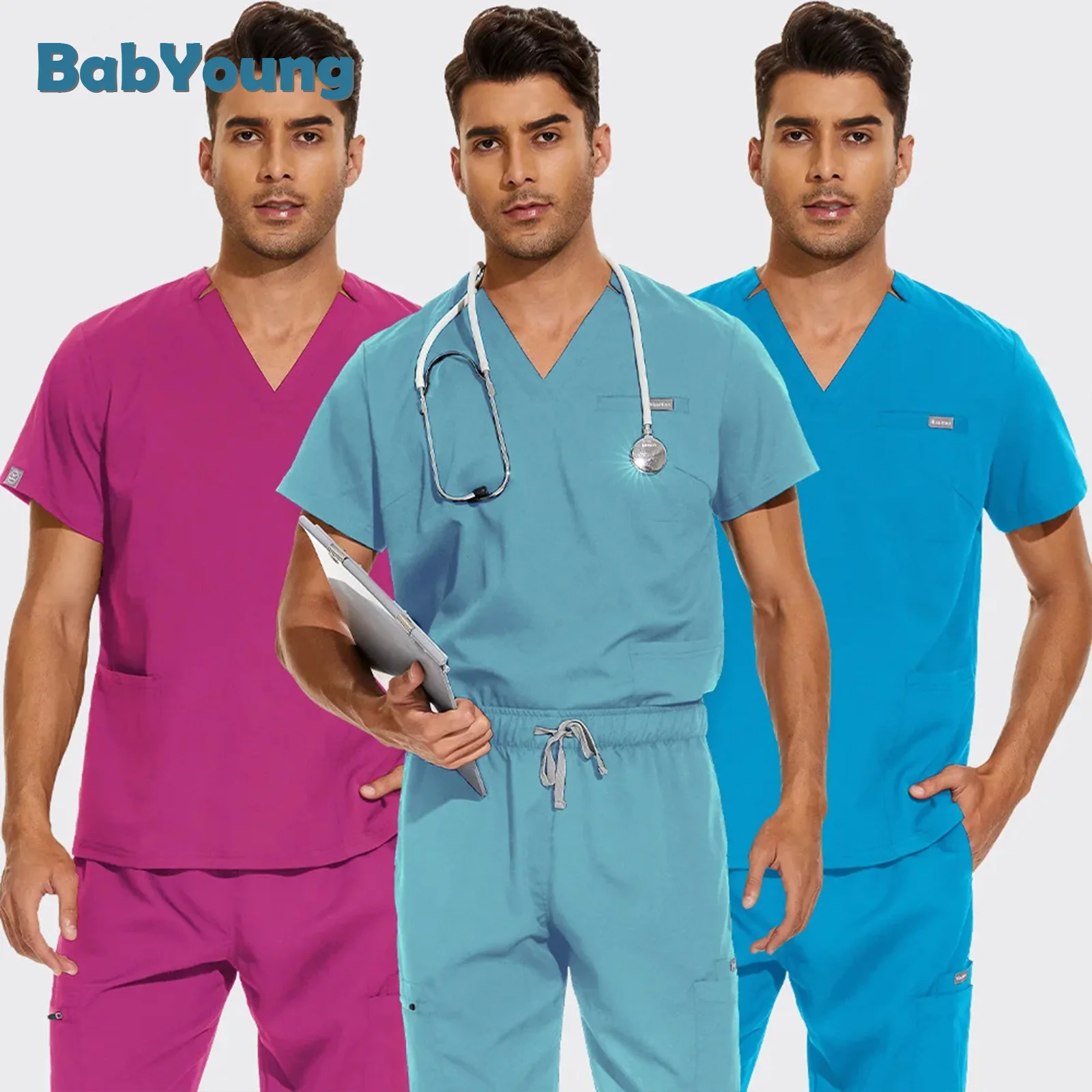 Scrubs Tops Medical Uniforms Pocket Women Shirts Short Sleeve V-neck Care Workers T-shirt Nurse Uniform Lab Workwear Mens Scrubs