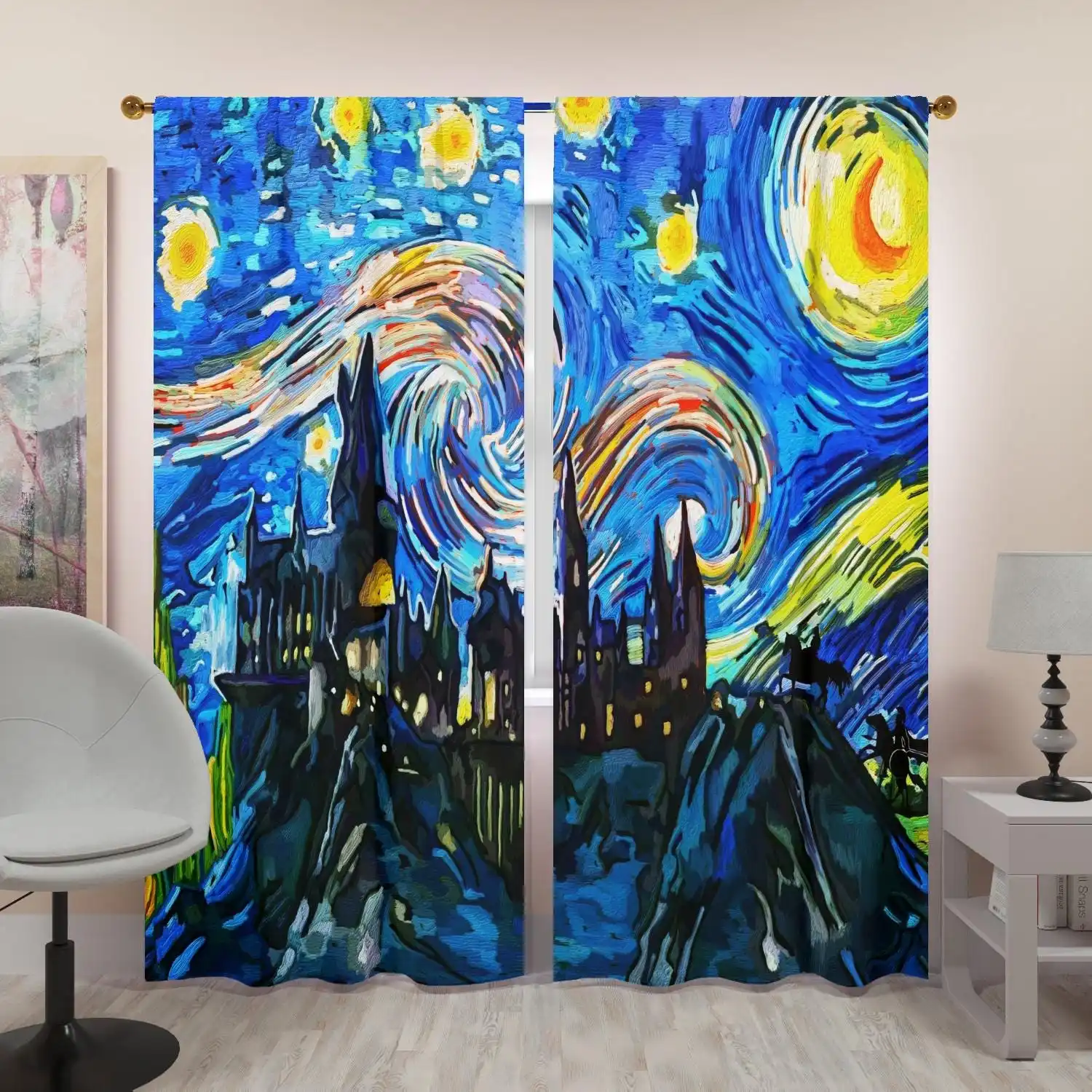 Vibrant Starry Night Sky Curtain Blue Abstract Art Window Drapes for Bedroom Living Room Home Decor