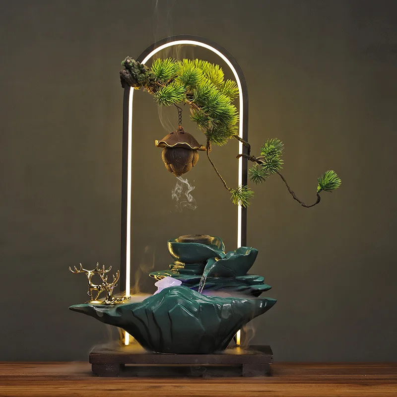 Lucky Flowing Water Fountain Ornament Chinese Lamp Ring Backflow Incense Burner Circulating Water Shengcai Office Housewarming O