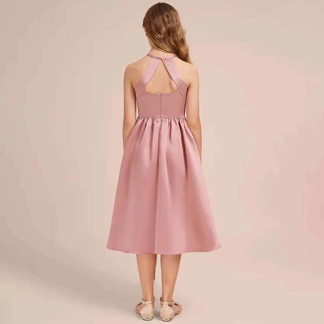 GIOIO A-line Halter Tea-Length Satin Junior Bridesmaid Dress