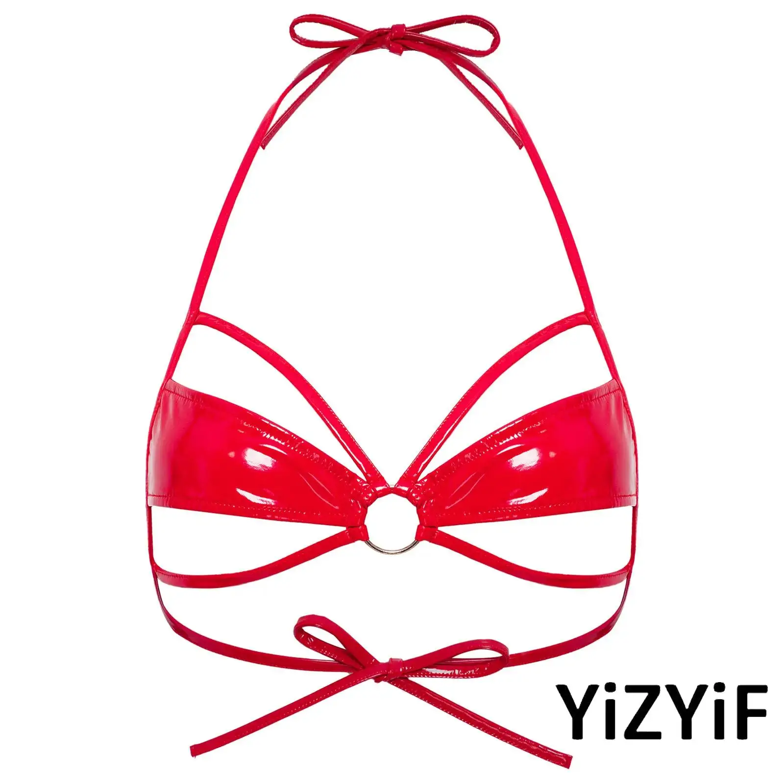 

Womens Wet Look Micro Bra Halter Hollow Out Mini Cup O-ring Linked Wireless Bralette Lace-up Bra Lingerie for Dating Night