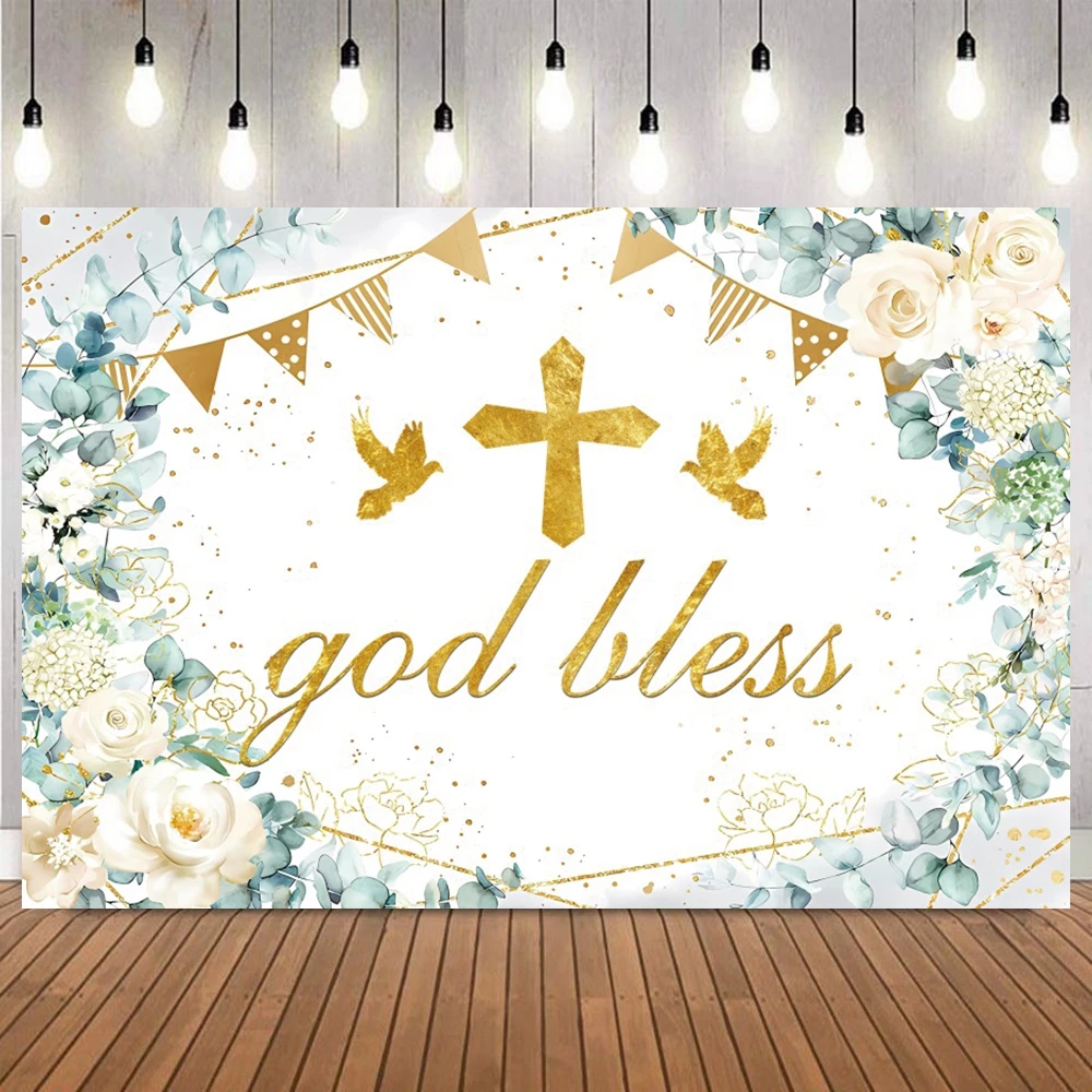 Cute Cartoon Floral Cross God Bless Photo Backdrop First Communion Baptism Baby Shower Party Home Decor Photography Background