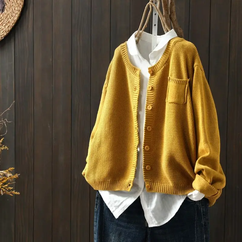 Women Round Neck Button Knit Cardigan Long Sleeve Pocket Loose Casual Knitwear Outerwear