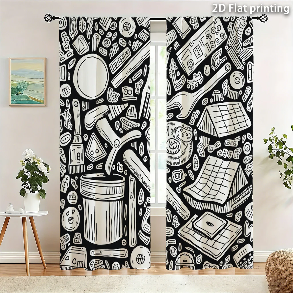 Graphic Tools Pattern Curtains for Living Room Window Decor Modern Industrial Steampunk Black and White Utility Blueprint Drapes