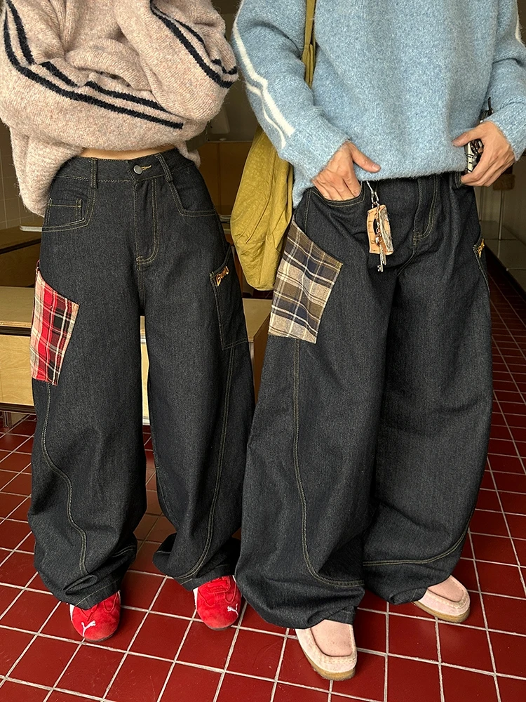 

Retro American Plaid Patchwork Wide Leg Jeans Women's Waed Cucumber Jeans Men's Loose Knife Pants Long Jeans