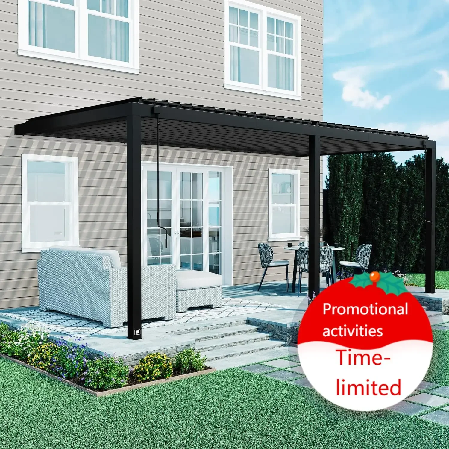 Evanston 20'x10' Galvanized Steel Wall-Mounted Louvered Pergola Kit with Adjustable Roof, Shade, Rain Protection, High-Wind Rati