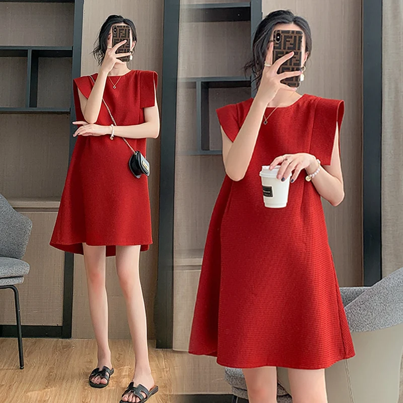robe-de-maternite-courte-sans-manches-pour-femme-style-coreen-rouge-coupe-trapeze-a-manches-petales-pour-fete-de-grossesse