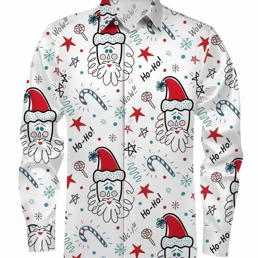

plus Size Santa Claus Printed Shirt Long Sleeved Lapel Casual Holiday Party Top Comfortable Soft Fitted Cardigan with Buttons