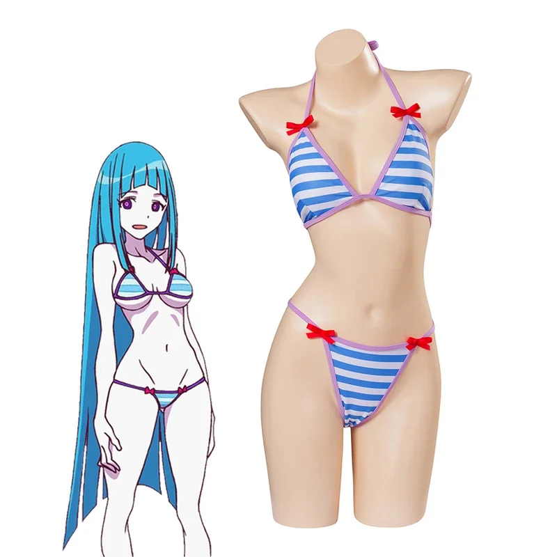 MN1 Me Me Me Cosplay Costume Blue Stripe Bikini Set Two-Piece Swimsuit Sexy Bikini Beachwear Woman Halloween Carnival Party 8/yG