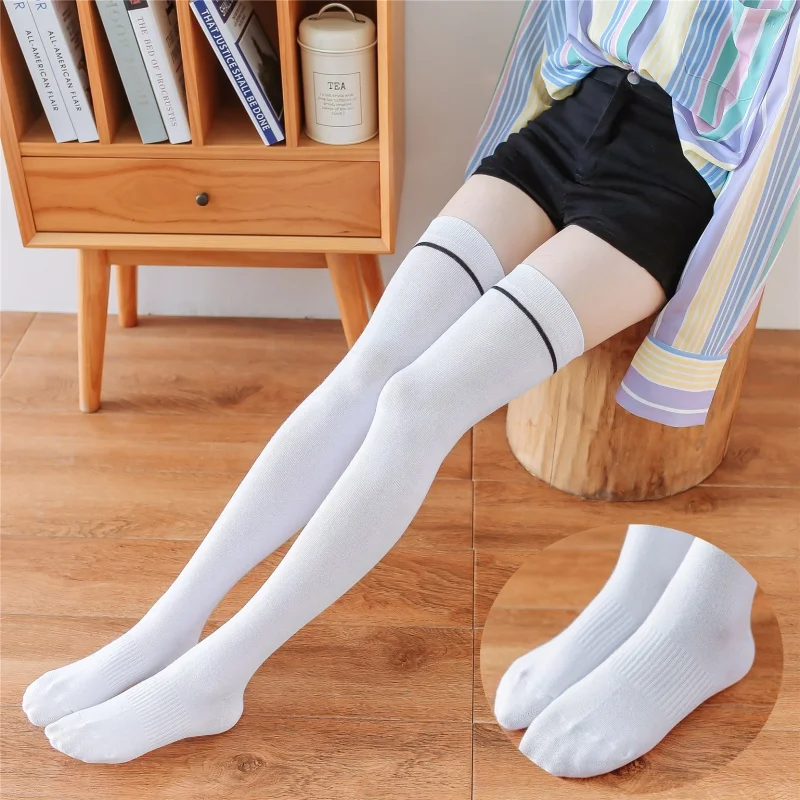 Spring and Autumn Cotton Knee Socks Women\'s Stockings Sweat-Absorbent Japanese One-Bar Stripes Student Cotton Socks Thigh High S