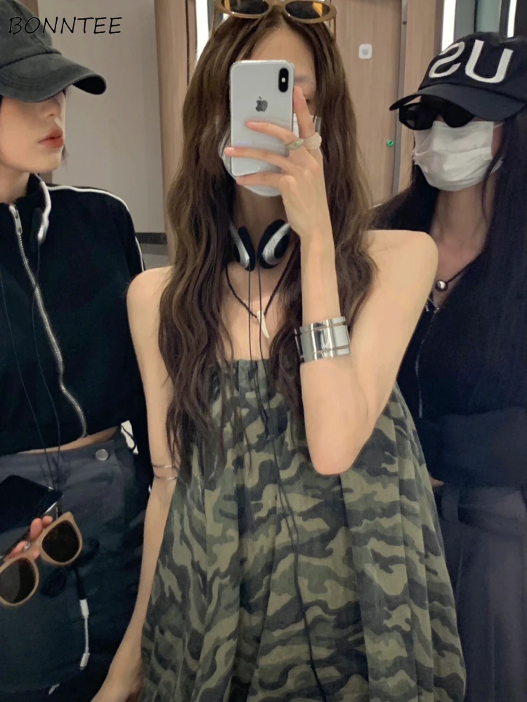 Camouflage Dresses Women Summer Sexy All-match Korean Style Streetwear Sleeveless Hotsweet Loose Slim Cozy Fashion Outerwear