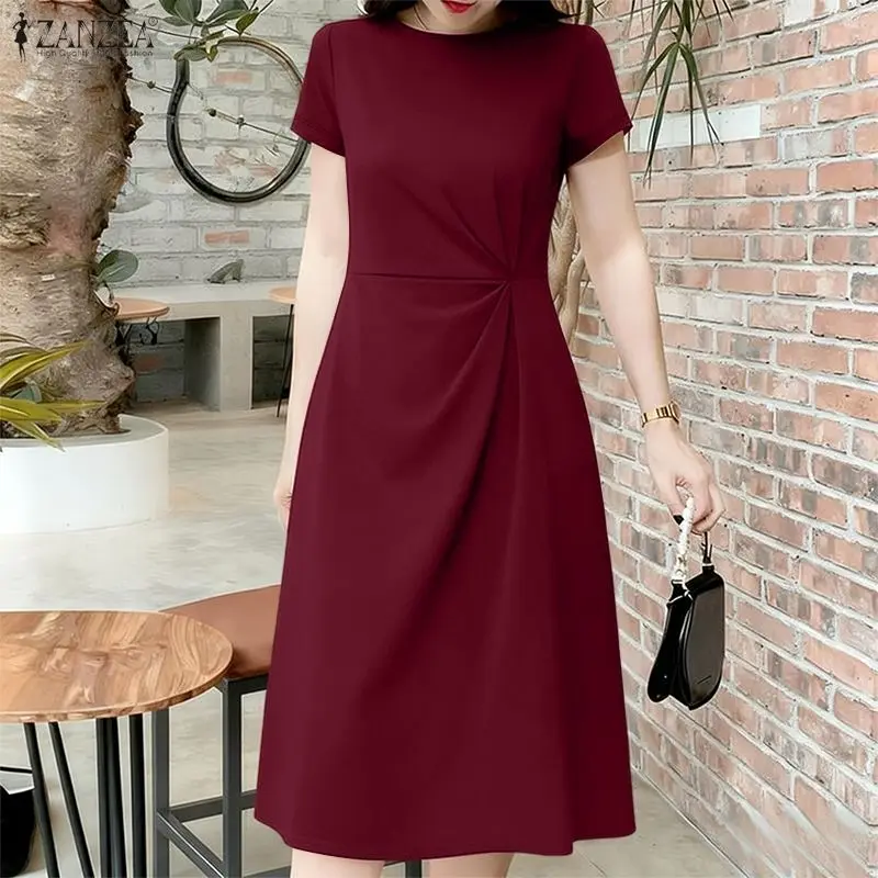Stilvolle OL-Arbeitskleider für Damen, Sommerkleid mit einfarbigen Falten, ZANZEA, elegantes Kleid mit O-Ausschnitt und kurzen Ärmeln, lässiges, tailliertes Midi-Kleid